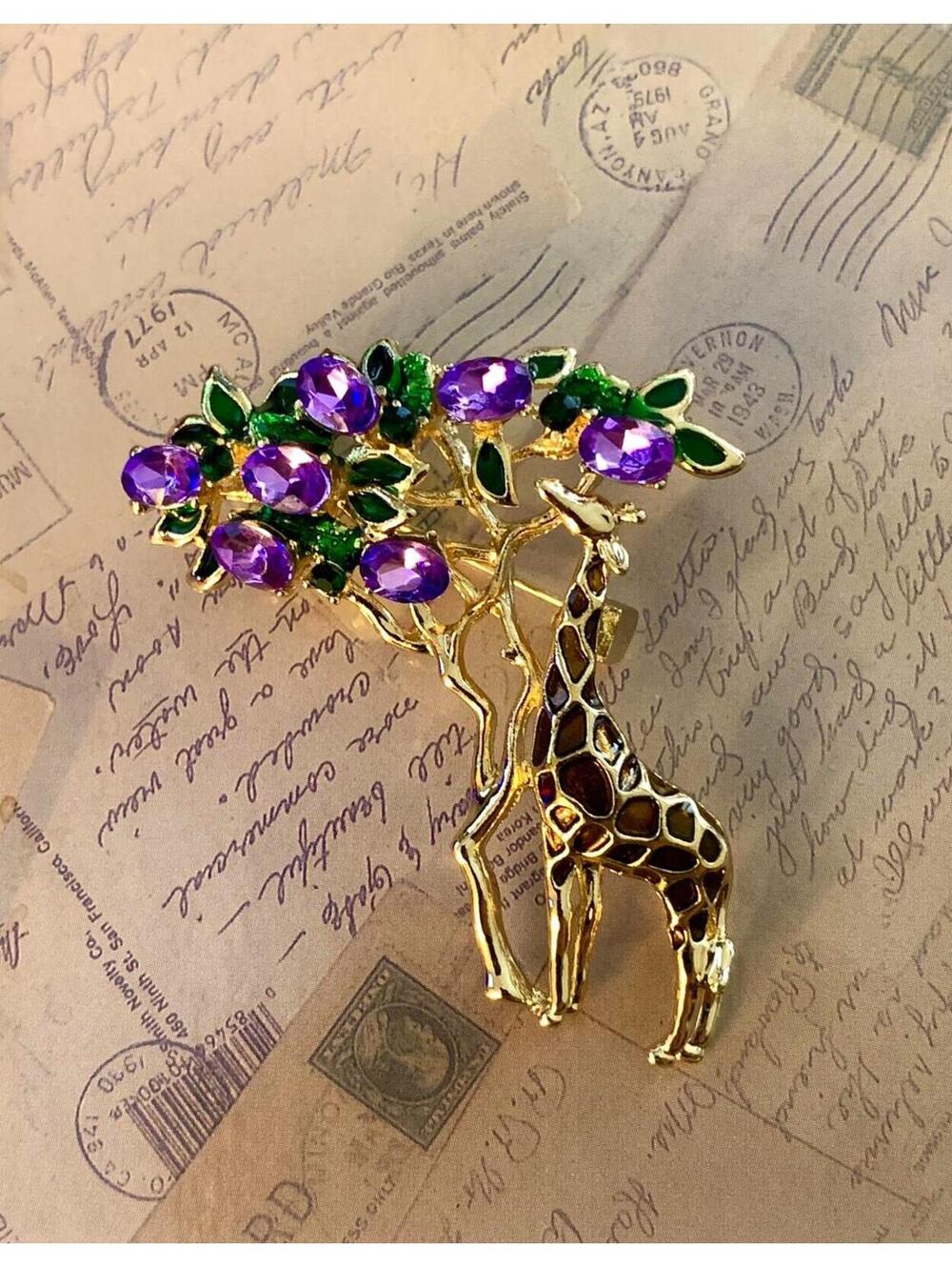 Savannah Giraffe Branches Amethyst Rhinestones Enameled Wildlife Clothing Brooch